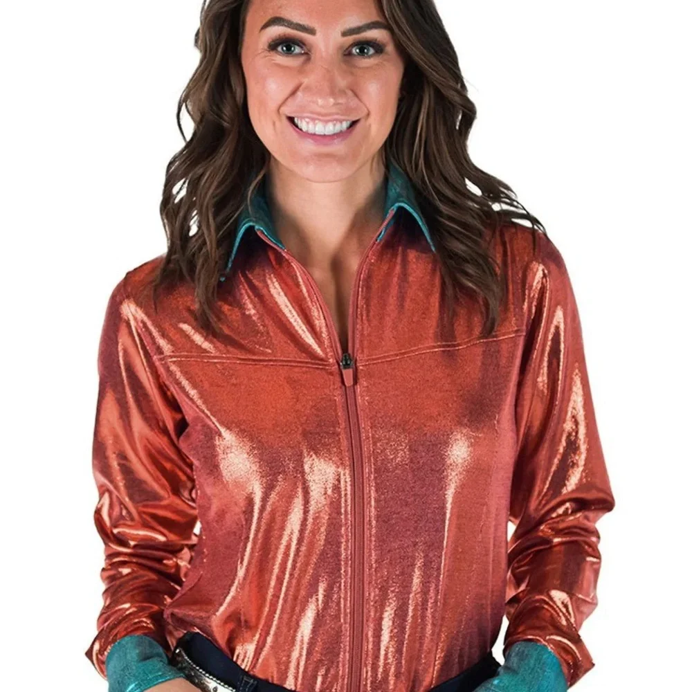 Cowgirl Tuff Metallic Coral Zip-Front Women's Top with Teal Accents - Picture 3 of 4
